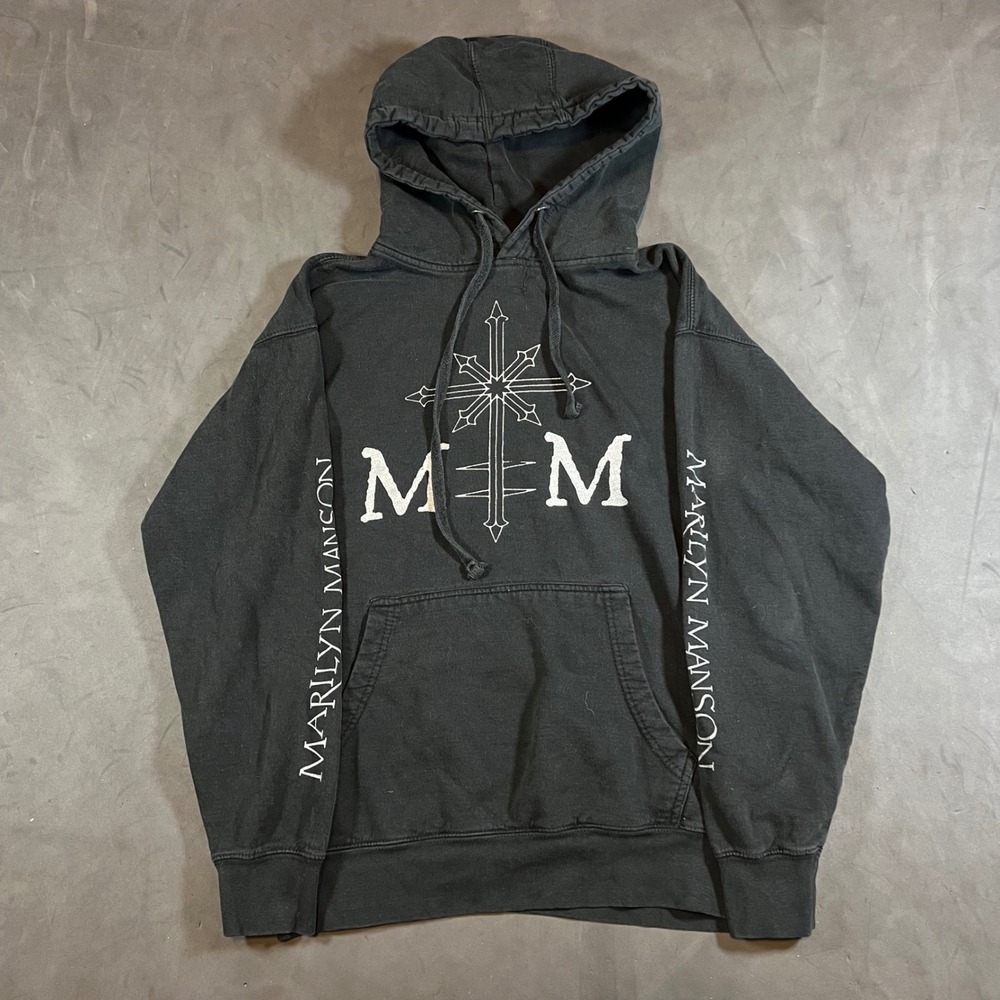 Vintage Y2K Marilyn Manson Hoodie Mens Medium Black MM Cross Logo Gothic Rock